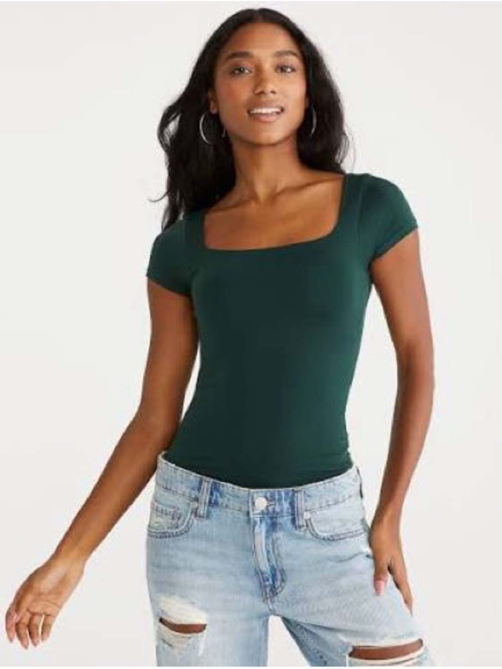Aeropostale Square Neck Short Sleeve Top in Forest Green